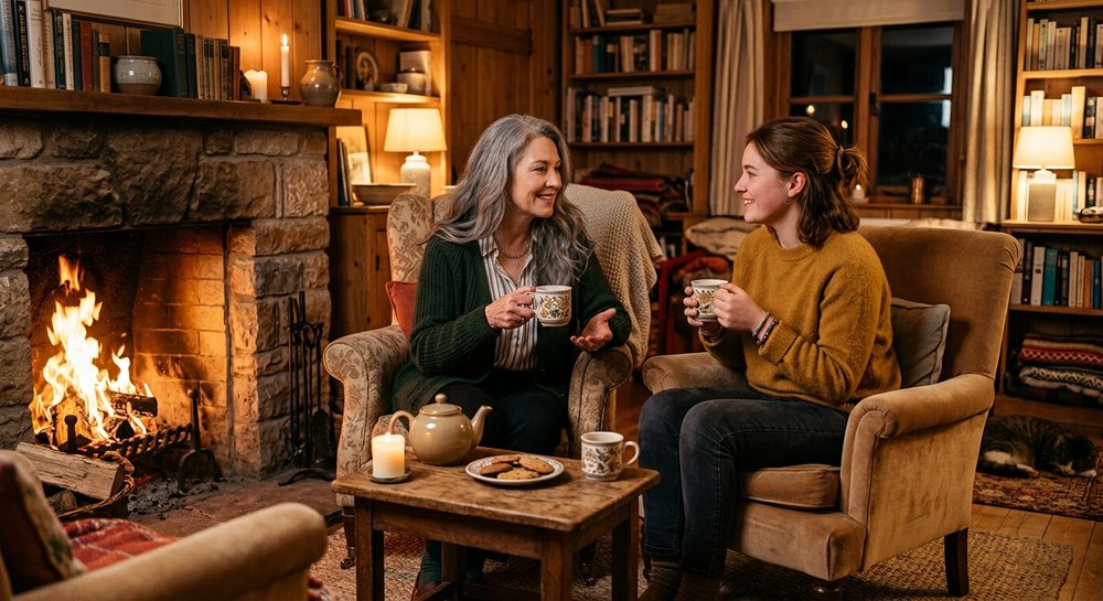 Two women sharing tea and conversation by a fireside
